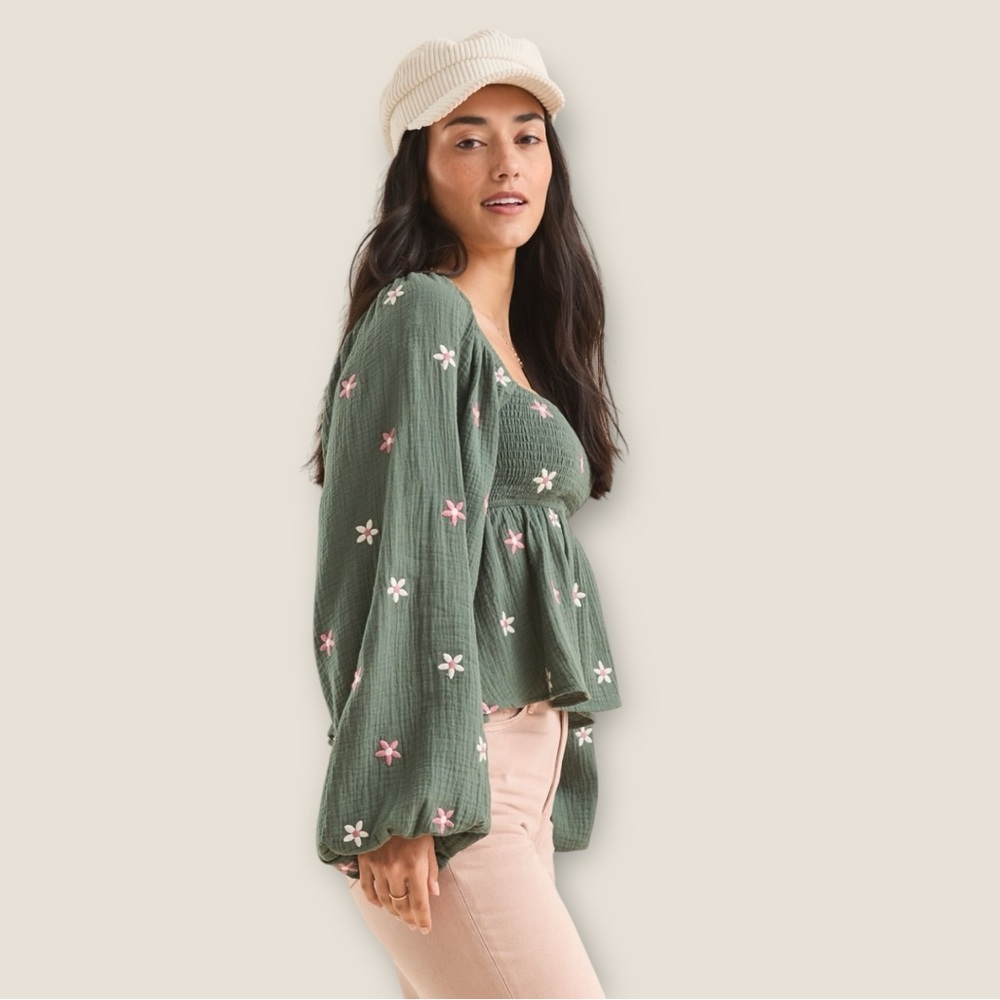 Altar’d State Olivia Embroidered Babydoll Top Green Women’s Size Small - Picture 3 of 13